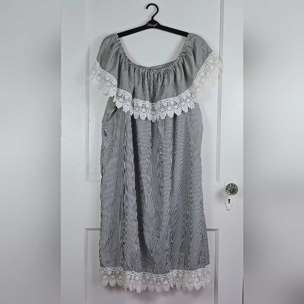 New Look Grey and White Striped Off Shoulder Shift Dress Plus 2X